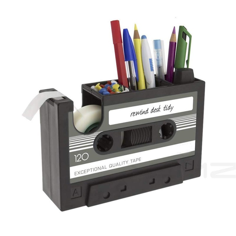 Xemz Creative Adhesive Tape Pen Holder Case, Retro Cassette Tape Dispenser Vase Brush Pot, Popular Pencil Desk Collection Tidy Organizer, Office Stationery Storage Container- Unique Gift (Gray) - Image 1
